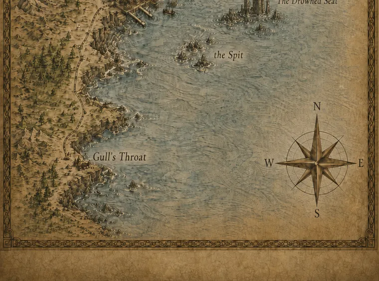 Detail of the Saltwind Coast map, the southern reach toward Gull's Throat